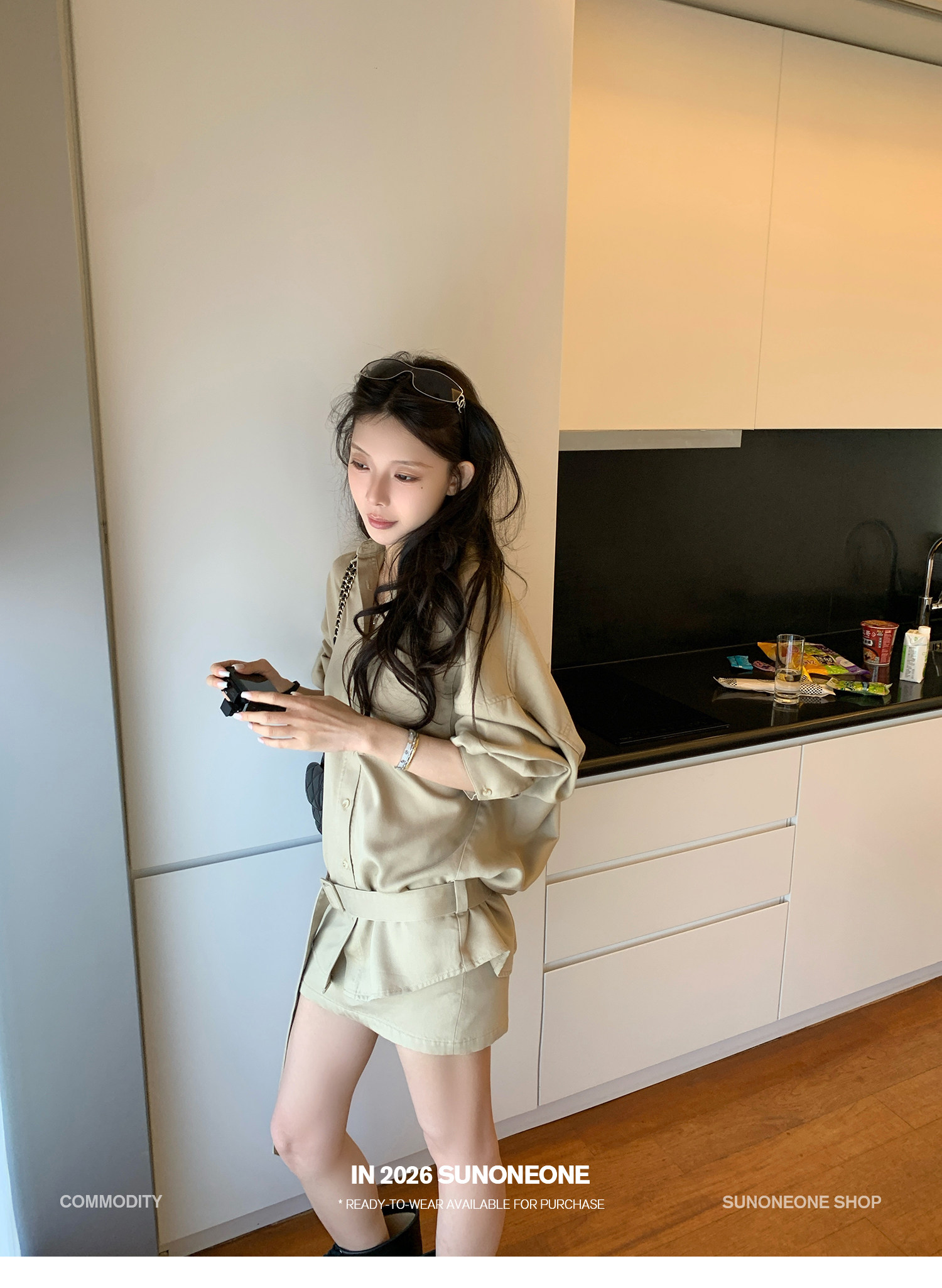 sunoneone 320g 라이 경기 서울 주간 실크 루즈핏 셔츠 반 스커트 세트 여성 봄 한 부서 전체 집합 착용 가져 가라.