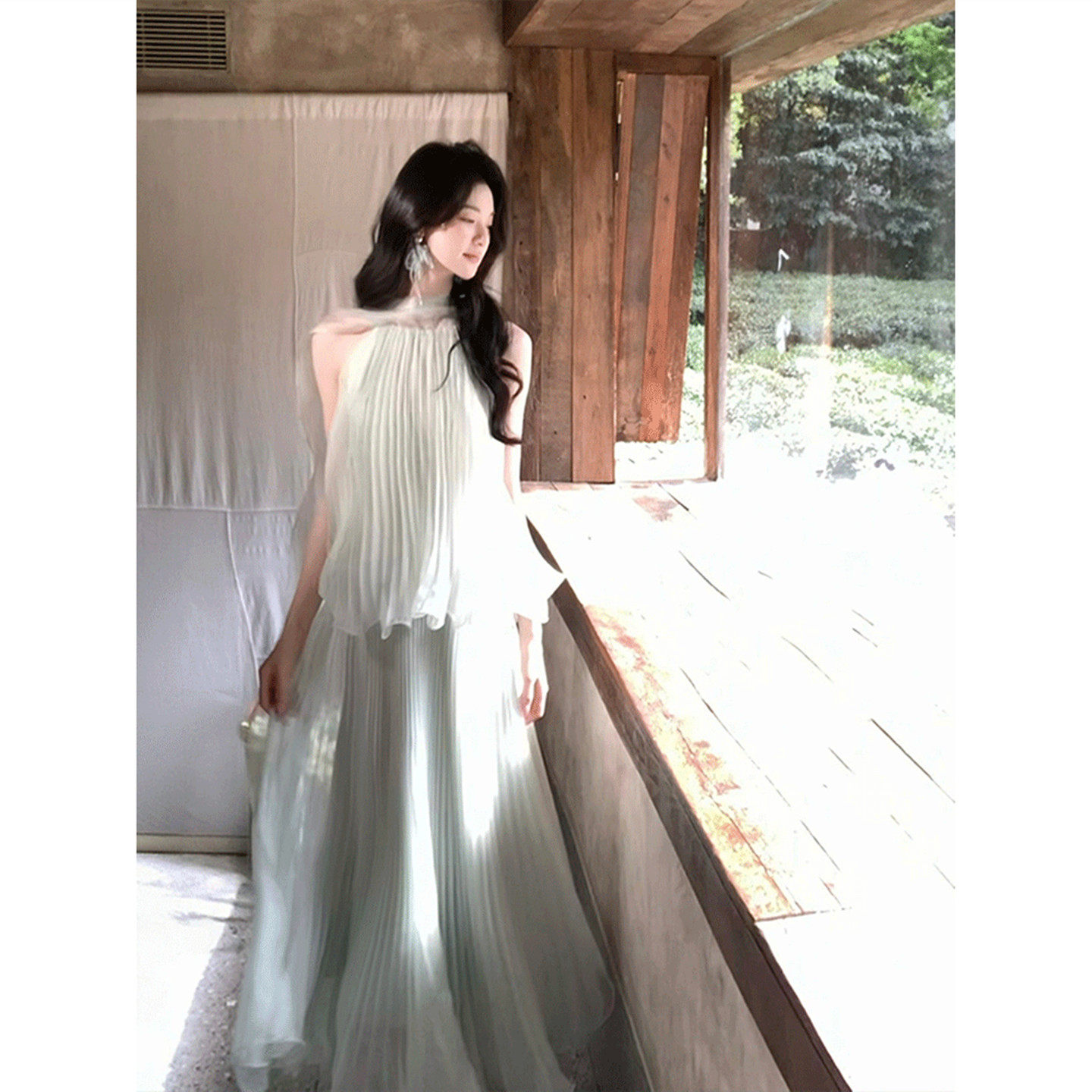 희망 산 기둥 센 부서 행침 목 리본 드레스 3 차원 플리츠 디자인 분위기 센스 요정 치마