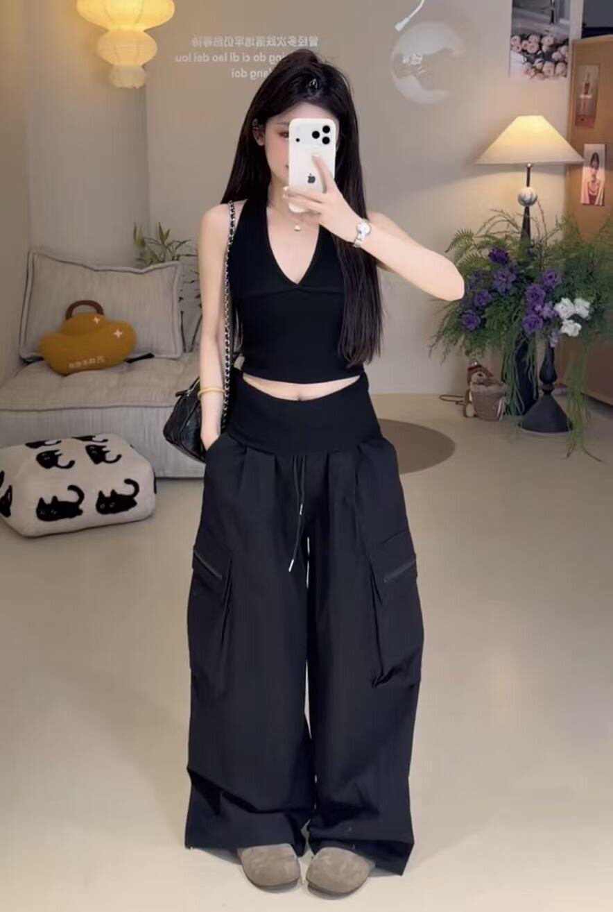 빛 사람들 핫걸 섹시함 행침 목 캐미솔 다용도 슬림해 보이는 워크웨어 와이드 팬츠 외국 가스 슬림해 보이는 투피스 세트