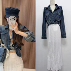 批发小雨姐姐牛仔森林休闲时尚交叉绑带牛仔<b class='q'>衬衫</b>女外套+裙子