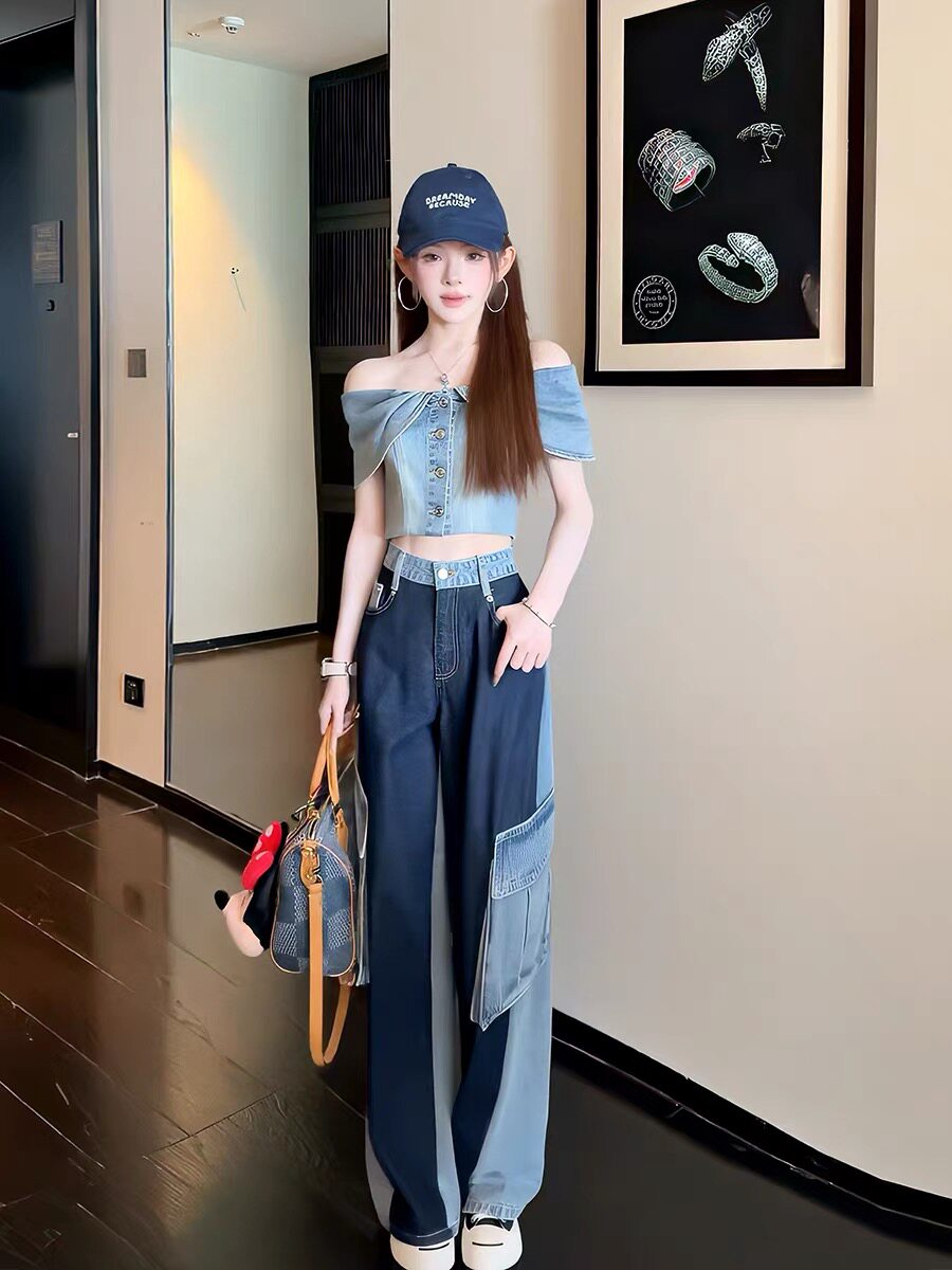 여름 새로운 데님 거품 소매 레트로 프릴 한푸 워싱 워크웨어 패치워크 데님 모통이 칼 와이드 레그 팬츠