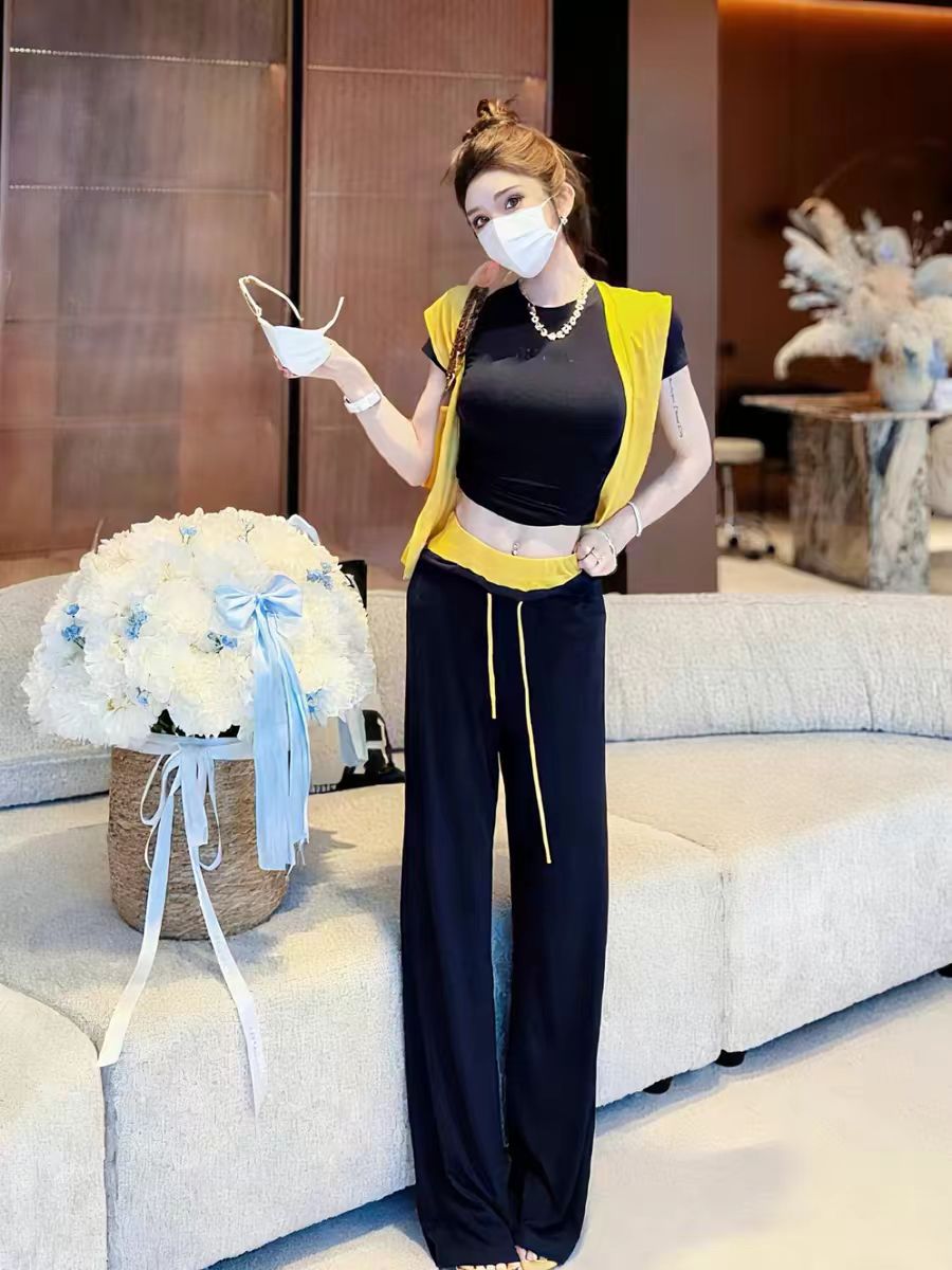 여름 드레스 ootd 착용 가져 가라. 전체 집합 한 부서 자이언트 잘 생긴 패션 캐주얼 숄 반팔 티셔츠 긴 바지 세 조각 세트