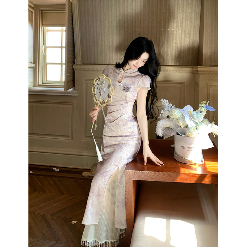 새로운 중식 국풍 스탠드 칼라 단추 자카드 드레스 여름 고급 센스 원 웨이 품격 개선 치파오 길다 치마