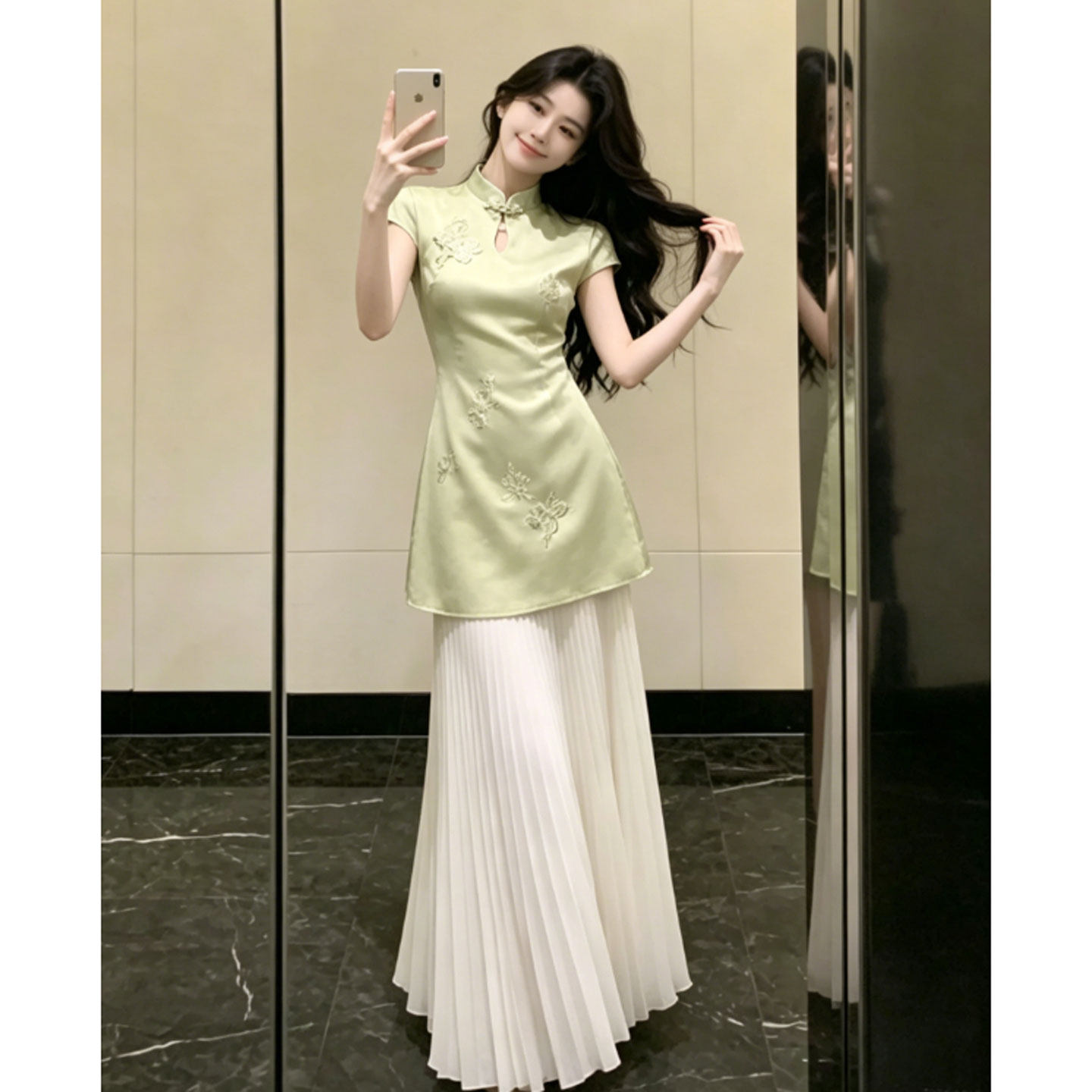 새로운 중식 국풍 개선 치파오 반신 스커트 투피스 세트 패션 품격 몸매 가꾸기 슬림해 보이는 드레스 2026 여름
