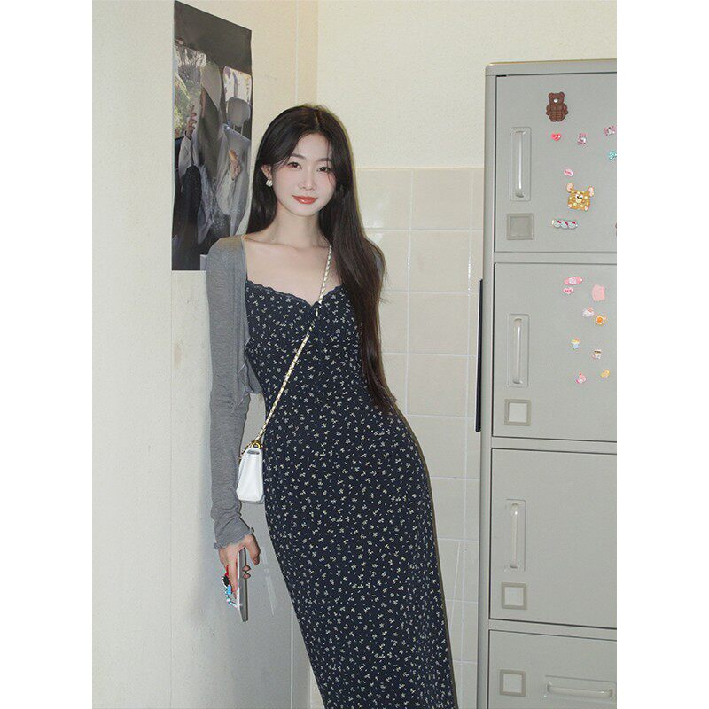 eia 하나 야오 칭탄 구멍 여성 높음 한 부서 꽃무늬 여성 드레스 여름 몸매 가꾸기 슬립 니트 원피스 투피스 세트