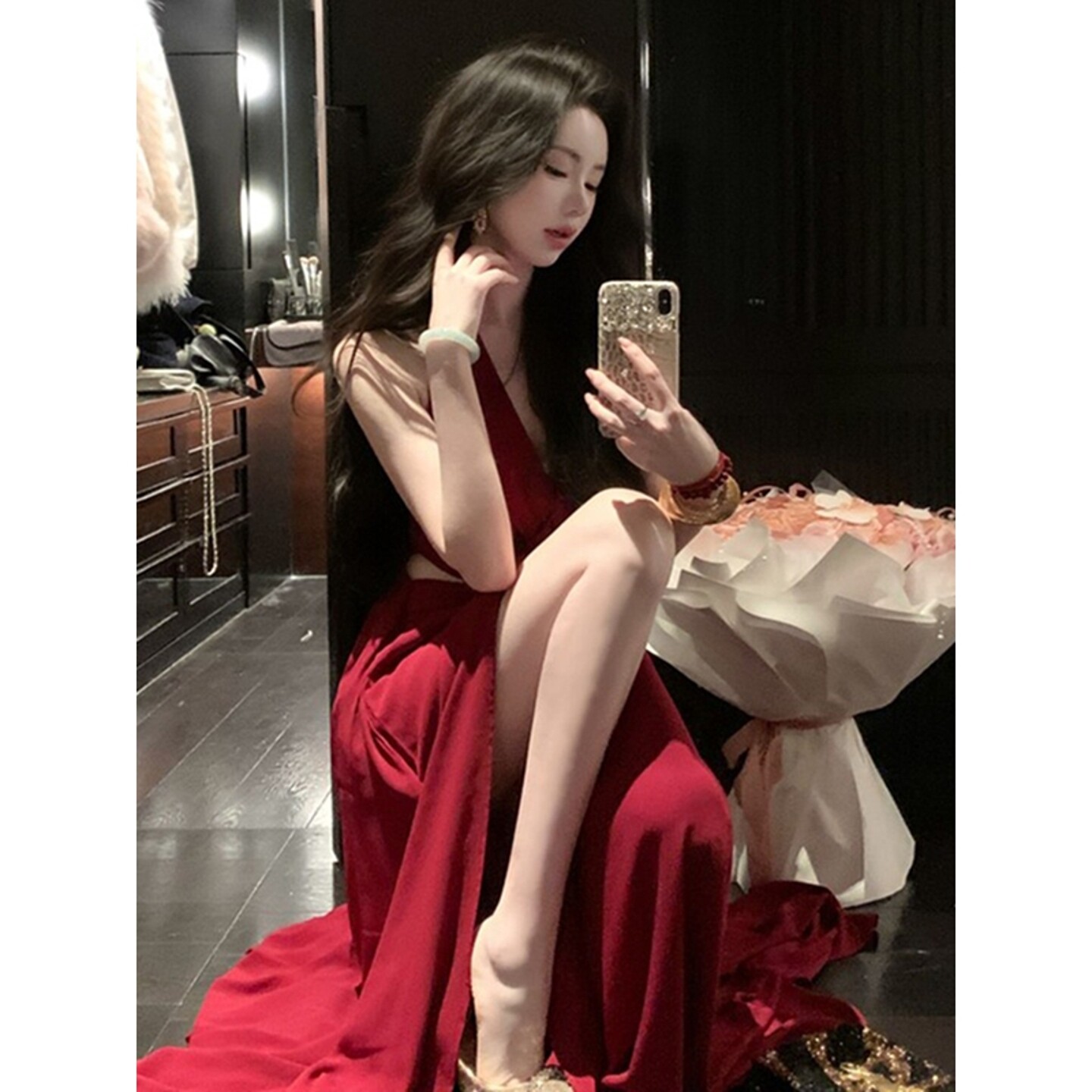 여름 프랑스식 아름다운 아름다운 작은 치마 고급 센스 그레이트 바다를보고 측면 가짜 빨간색 행침 목 이슬 허리 드레스