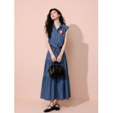 批发蓝色无袖衬衫半身裙两件套女夏季收腰蛋糕裙减龄<b class='q'>套装</b>纯色<b class='q'>女装</b>翻领