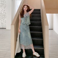 批发韩版时髦设计感<b class='q'>牛仔</b>套装裙2026夏季新款女洋气减龄显瘦<b class='q'>长裙</b>两件套
