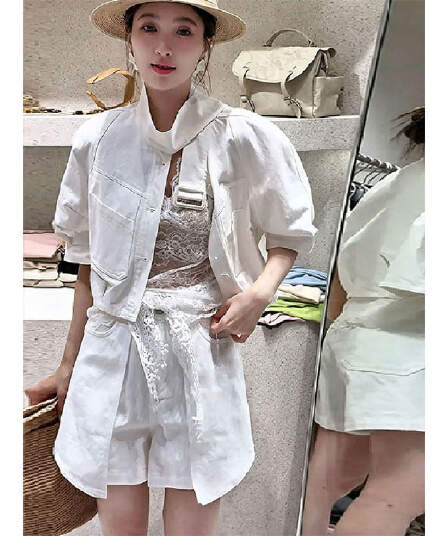 유럽 상품 빅 사이즈 캐주얼 워크웨어 데님 세트 여성 2026 새로운 반팔 셔츠 외부 와이드 레그 팬츠 치마 투피스 세트