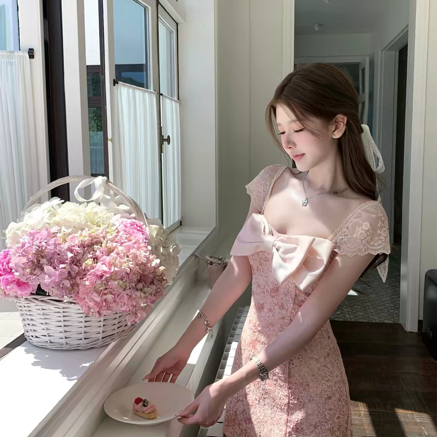 부드럽게 어린이 천 골드 센스 홍당무 분말 자수 대 나비 매듭 진자 드레스 드레스