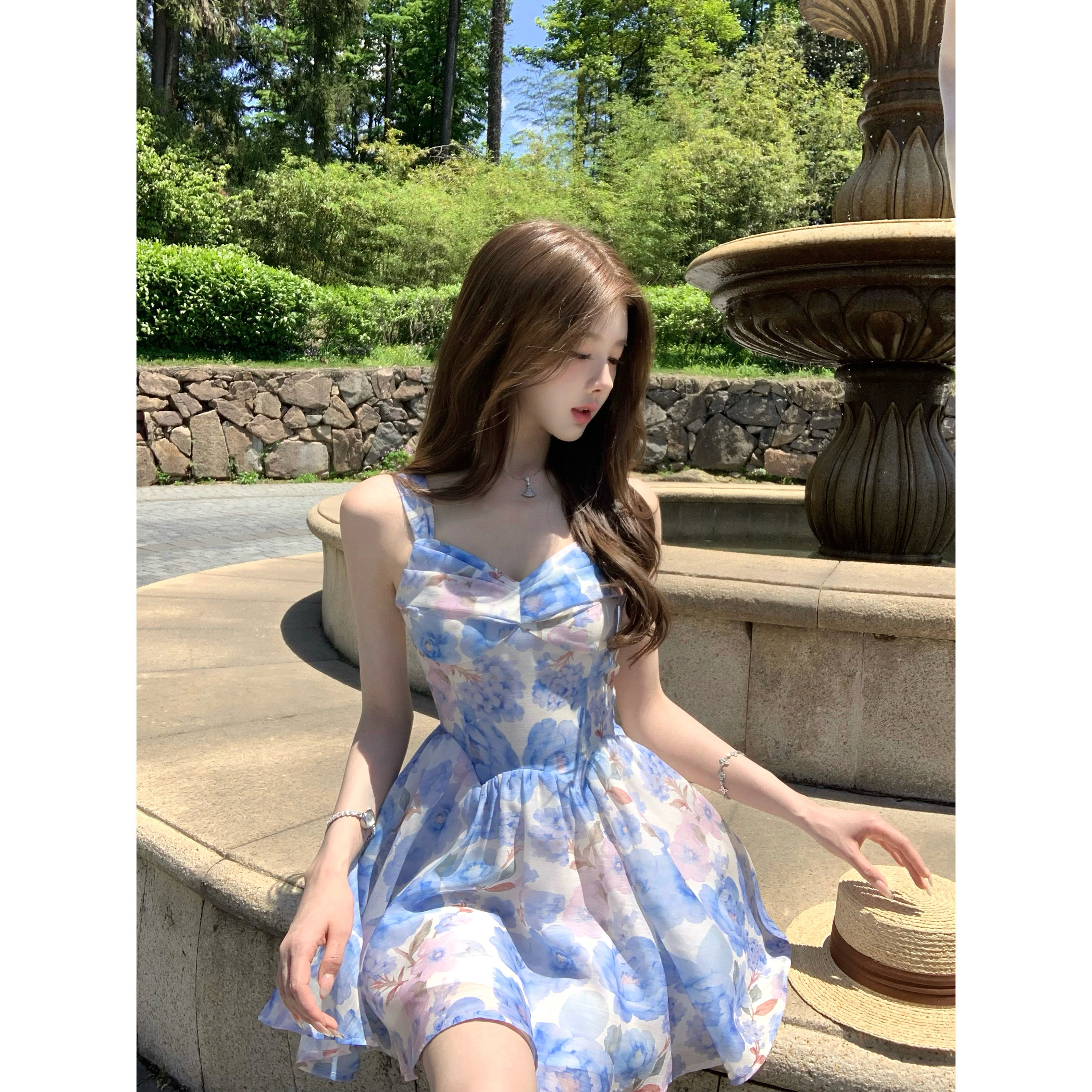 q 여자 집 신제품 9 접기 하늘빛 유토피아 슬립 톰 글 래 원인 블루 꽃무늬 몸매 가꾸기 휴가 드레스