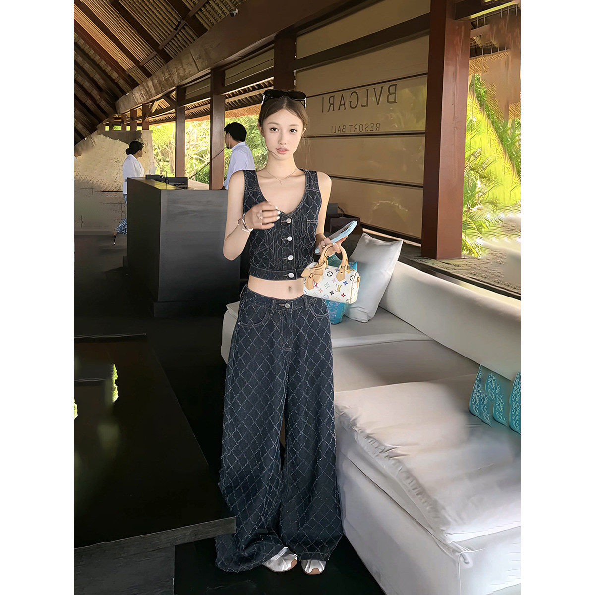 도시 스타일 바람 데님 세트 여성 여름 디자인 센스 링 체크무늬 조끼 와이드 레그 팬츠 투피스 세트 패션 슬림해 보이는