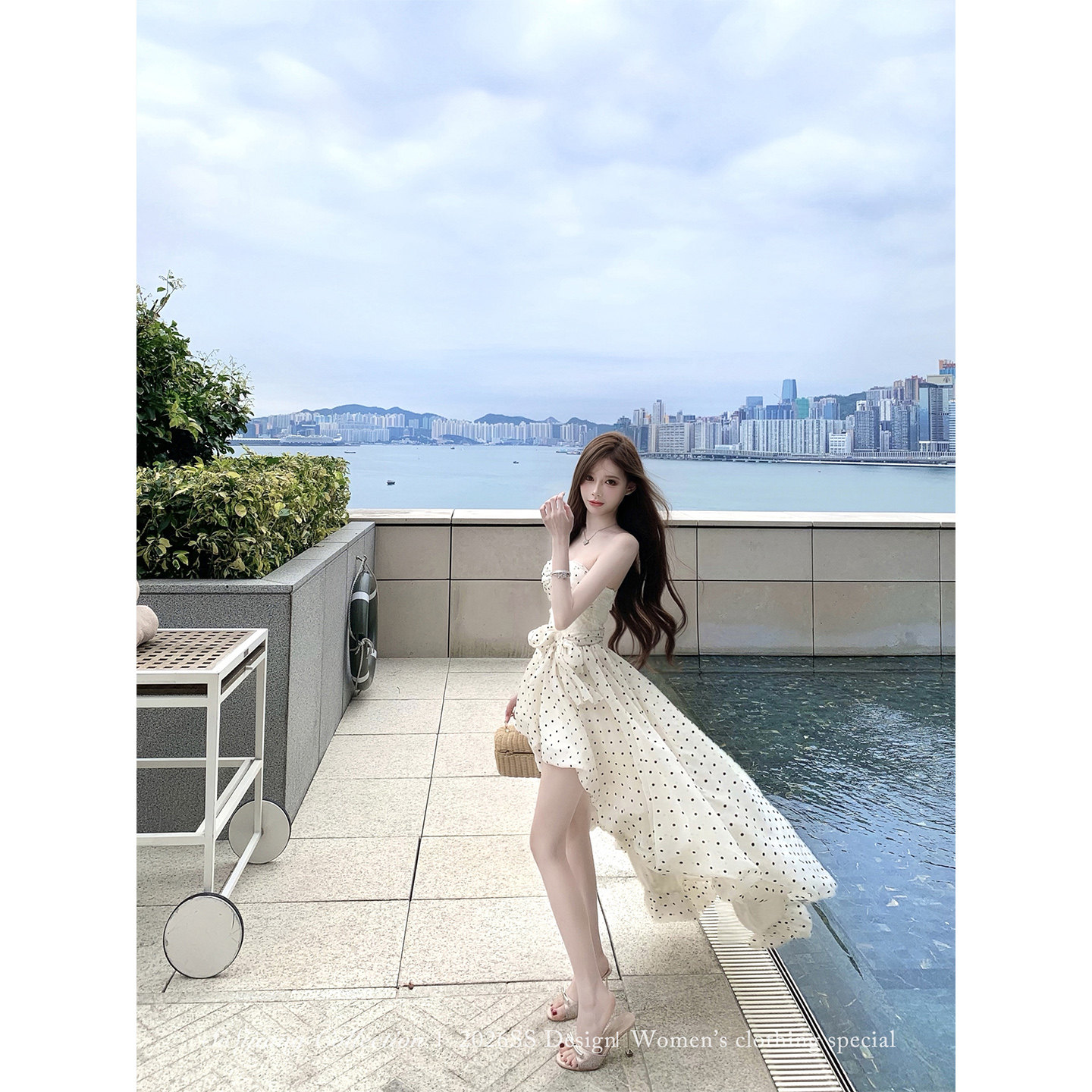 sisi jiang 도트 무늬 오래된 꿈 프랑스식 품격 꼬집기 허리 백리스 휴가 바람 민소매 슬립 도트 무늬 인어 꼬리 스커트