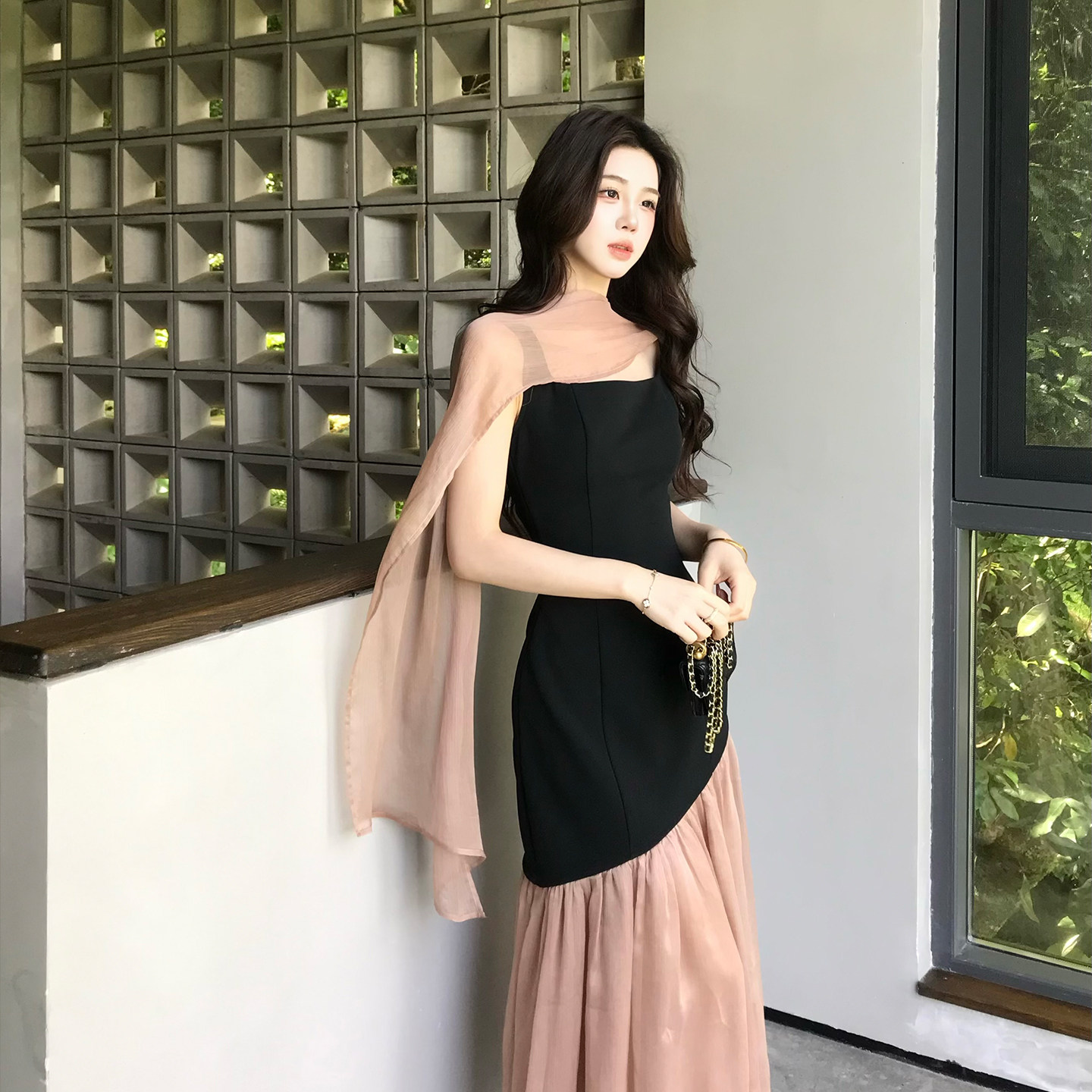 무쯔리 목자이 ~ 중 리 디자인 센스 니트 패치워크 쉬폰 드레스 민소매 광장 칼라 조끼 인어 꼬리 스커트 품격 롱 스커트