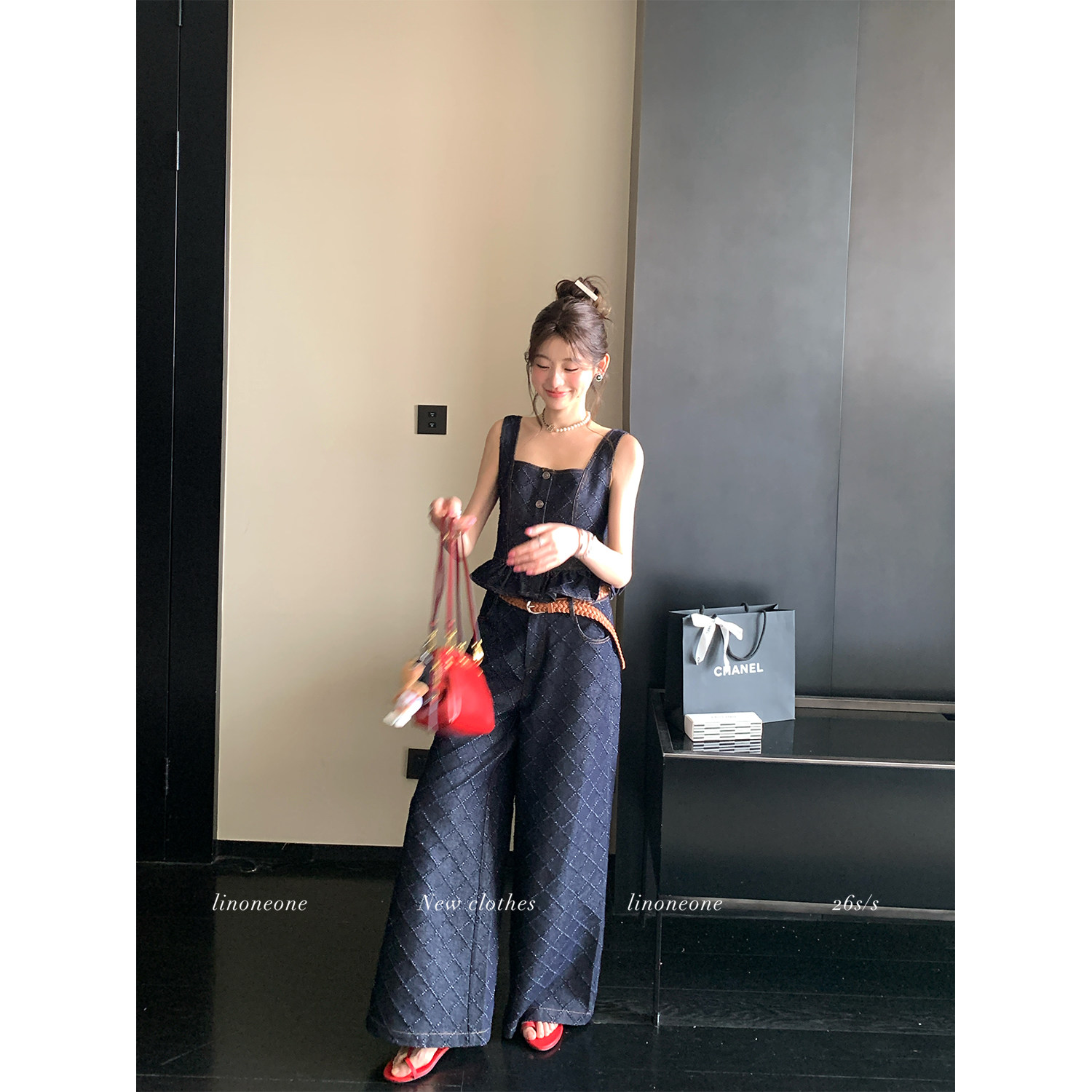 linoneone 플러그 Na 아티스트 원색 레트로 링 그리드 자수 데님 베스트 스트레이트 청바지 세트