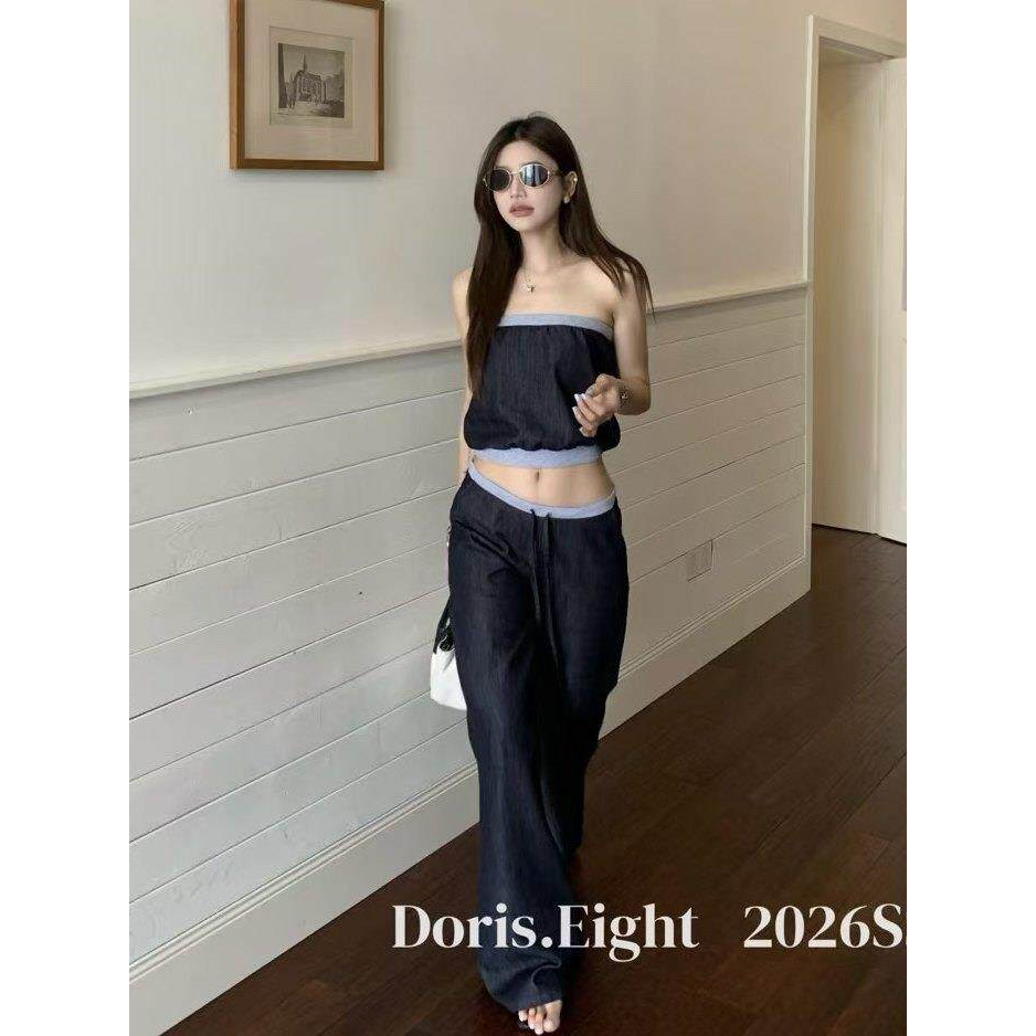 한국 스타일 2026 여름 새로운 레트로 배색 튜브탑 조끼 도루 센스 캐주얼 스트레이트 팬츠 얇은 스타일 두 조각 여성 세트