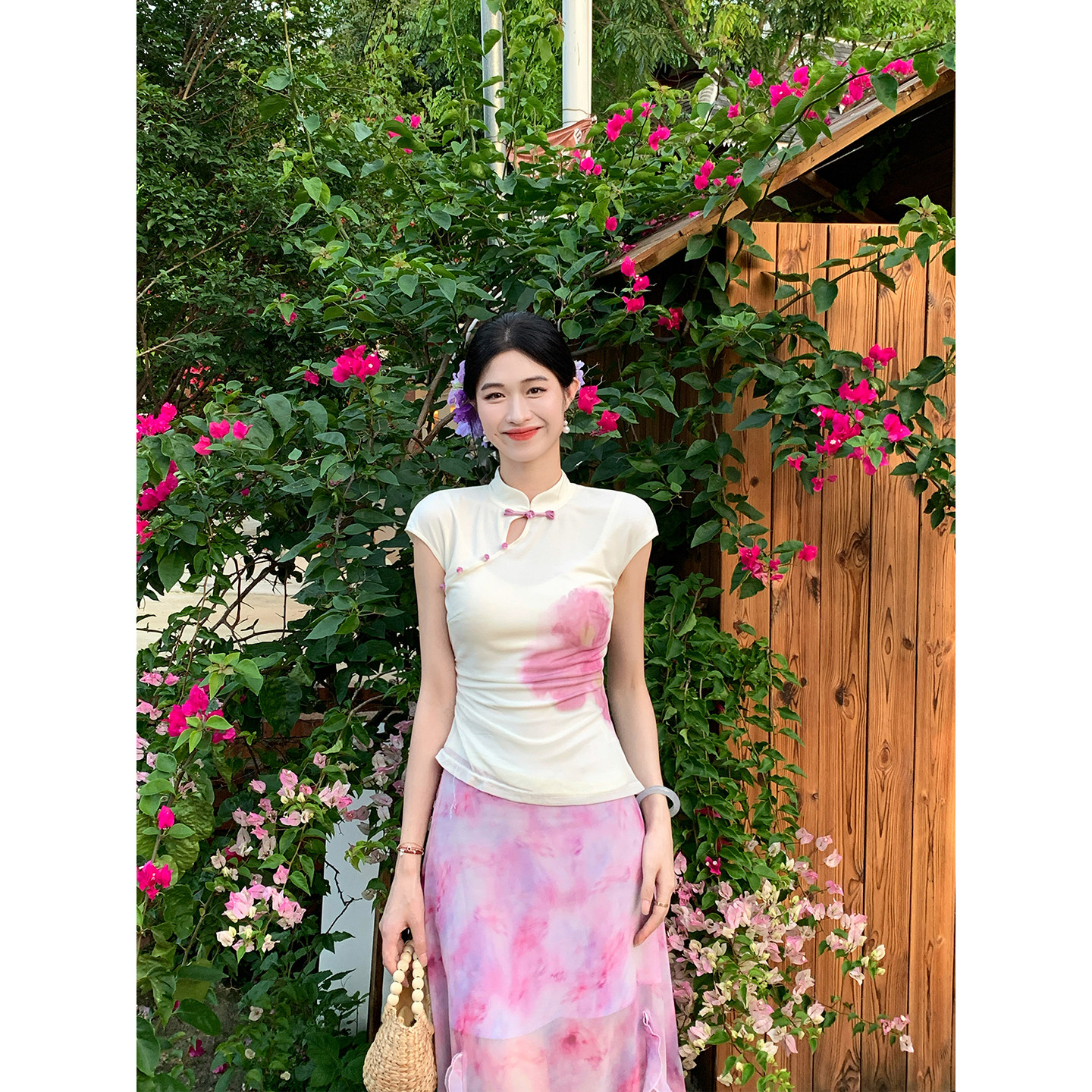 링 茜 거만한 와우 분말 염색 늦게 시리아 새로운 중식 헤일로 염색 꽃 티셔츠 여성 봄 여름 니트 망사 반팔 맨위