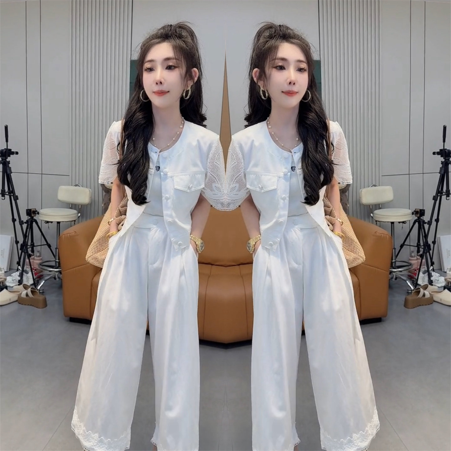 2026 여름 새로운 달콤함 빛 요리 한 바람 패션 세트 절묘한 레이스 조각 반팔 재킷 넓은 다리 9 분 바지