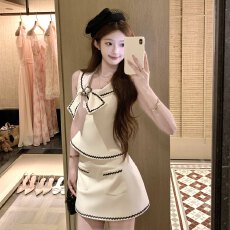 批发Acaine短款蝴蝶结领收腰上衣a字半裙中长款撞色<b class='q'>连衣裙</b>女夏季套装