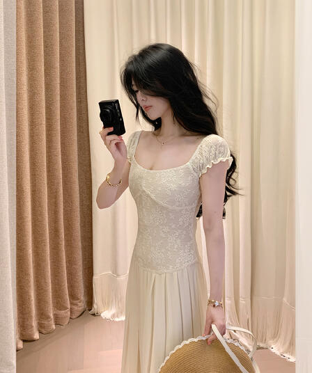 대 eees 골동품 오르골 프랑스식 아름다운 레이스 u 칼라 작은 날다 소매 요정 요정 허리 수축 슬림해 보이는 드레스 여름
