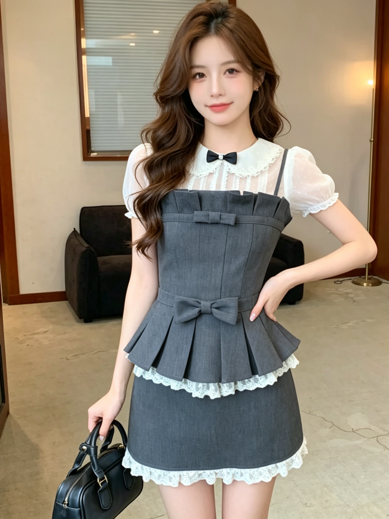 温柔拼接独特漂亮短款小上衣女夏日通勤小裙子巨好看漂亮两件套装 服裝批發女裝批發服飾貨源
