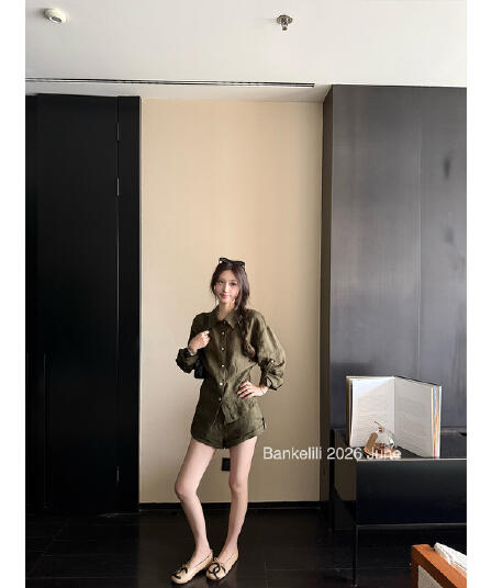 밤나무 코코아 bankelili 남양 오래된 돈 100 아마 느긋한 셔츠 볼륨 측면 반바지 세트 그룹 여성 여름