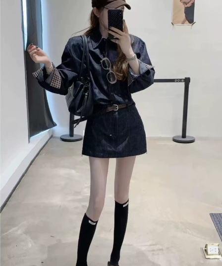 한 부서 ootd 착용 가져 가라. 세트 여성 레트로 체크무늬 뒤집다 측면 소매 데님 셔츠 하이웨이스트 한 마디 미니 스커트 투피스 세트