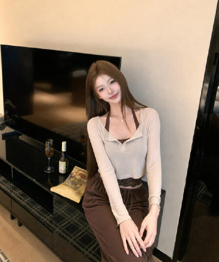 itookgiii 오후 여가 시리아 레이스 측면 길이 소매 티셔츠 여성 이른 가을 느긋한 몸매 가꾸기 슬림해 보이는 맨위 세트