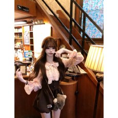 批发早秋收腰显瘦少女风甜美波点蝴蝶结衬衫上衣+花苞背带短<b class='q'>裤</b>套装女
