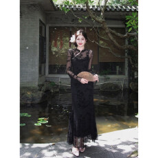 批发新中式蝴蝶植绒旗袍女早秋吊带<b class='q'>连衣</b>裙两件套