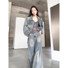 批发韩系复古辣妹风牛仔两件套短款夹克+高腰阔腿牛仔长裤设计感<b class='q'>套装</b>