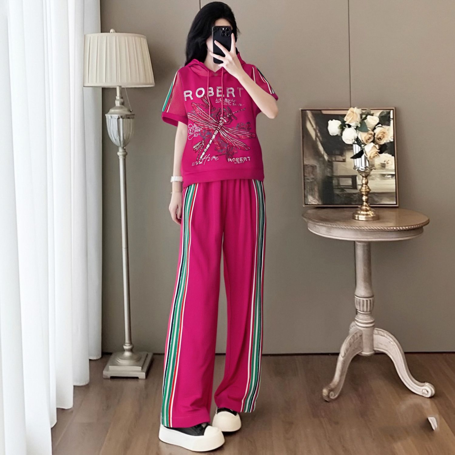 FA29434# 女士休闲服运动套装女春夏季新款粉色连帽宽松短袖T恤两件套1