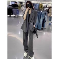 批发高级感灰色西装套装女春秋新款时尚休闲职业西服外套阔腿裤两件套