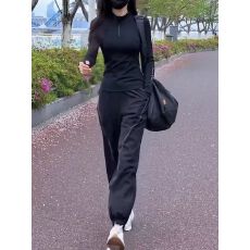 批发黑色休闲运动套装女弹力<b class='q'>修身</b>跑步速干瑜伽服卫裤春秋装搭配一整套