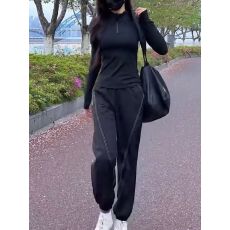 批发黑色休闲运动套装女弹力<b class='q'>修身</b>跑步速干瑜伽服卫裤春秋装搭配一整套