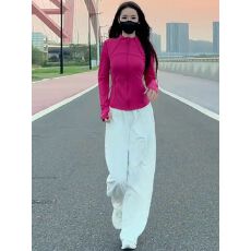 批发跑步训练服休闲运动套装女秋<b class='q'>修身</b>洋气玫红色上衣白色阔腿裤两件套