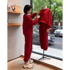 批发2025春秋季新款休闲运动套装女加绒加厚时尚<b class='q'>哈伦裤</b>宽松卫衣两件
