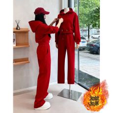 批发安可拉红运动<b class='q'>套装</b>女春秋新款宽松<b class='q'>休闲</b>卫衣阔腿裤时尚加绒两件套冬