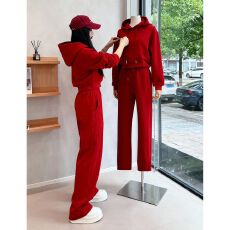 批发安可拉红运动<b class='q'>套装</b>女春秋新款宽松<b class='q'>休闲</b>卫衣阔腿裤时尚加绒两件套冬