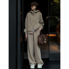 批发高级感网红秋冬加绒加厚卫衣套装女休闲显瘦复古连帽运动服两件套