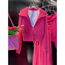 批发玫红色运动<b class='q'>套装</b><b class='q'>女</b>2025年秋季新款设计感翻领拉链<b class='q'>卫衣</b>阔腿裤<b class='q'>两件</b>套