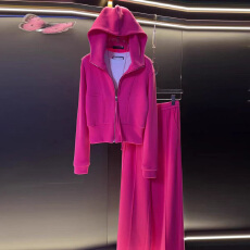 批发玫红色运动<b class='q'>套装</b><b class='q'>女</b>2025年秋季新款设计感翻领拉链<b class='q'>卫衣</b>阔腿裤<b class='q'>两件</b>套