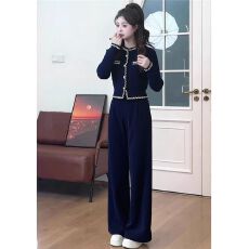 批发富家千金冬<b class='q'>装</b>小香风减龄<b class='q'>气质</b>藏青色针织衫毛衣灯芯绒阔腿<b class='q'>裤</b><b class='q'>套装</b>女