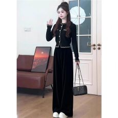 批发富家千金冬<b class='q'>装</b>小香风减龄<b class='q'>气质</b>藏青色针织衫毛衣灯芯绒阔腿<b class='q'>裤</b><b class='q'>套装</b>女