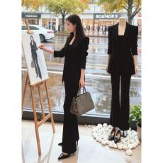 批发欧美明星款职业装时尚一粒扣布扣中长<b class='q'>西装</b>+喇叭裤时尚套装两件套