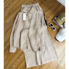 批发春装搭配一整套今年流行时尚polo领长袖仿亚麻<b class='q'>棉麻</b>衬衫阔腿<b class='q'>裤</b><b class='q'>套装</b>