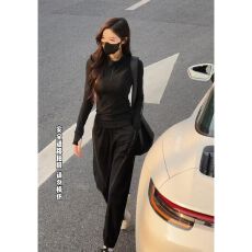 批发长袖立领黑色修身<b class='q'>显瘦</b>瑜伽服宽松轻薄透气瑜伽裤运动健身瑜伽套装