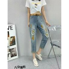 批发小个子八分<b class='q'>裤</b><b class='q'>牛仔</b>薄料复古做旧减龄数字贴布毛须爱心<b class='q'>牛仔</b><b class='q'>垮</b><b class='q'>裤</b>女装
