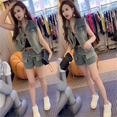 批发夏季新款成套搭配时尚马甲短裤套装女高档显瘦大码宽松休闲两件套