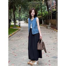 批发复古圆领洗水短款牛仔马甲背心女夏季小个子宽松百搭无袖坎肩上衣